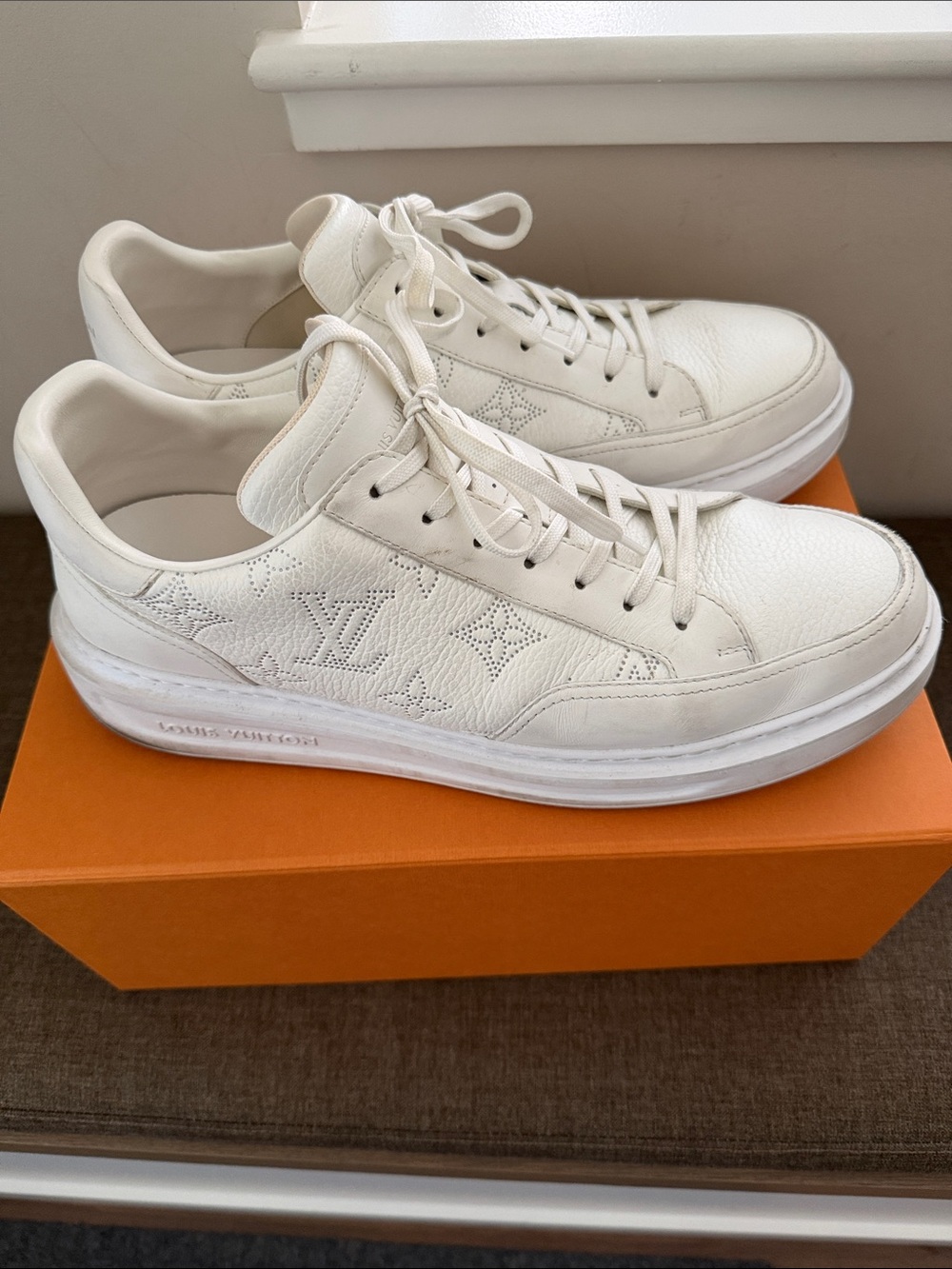 Louis Vuitton Men’s Cream Perforated Monogram Leather Sneakers